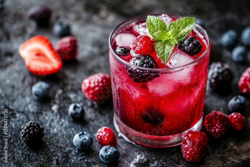Red Berry Cocktail with Ice and Fresh Fruit on Dark Background