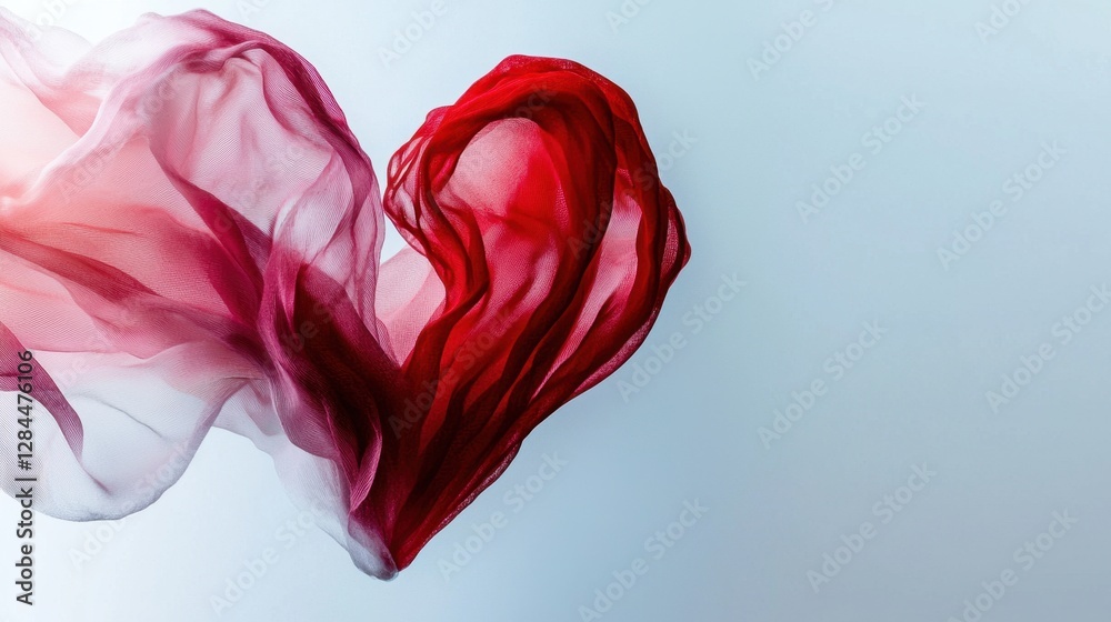 Fototapeta premium Flowing silk fabric in shades of red and pink forms a heart shape against a light backdrop, symbolizing love, creativity, and emotion in a soft and artistic way
