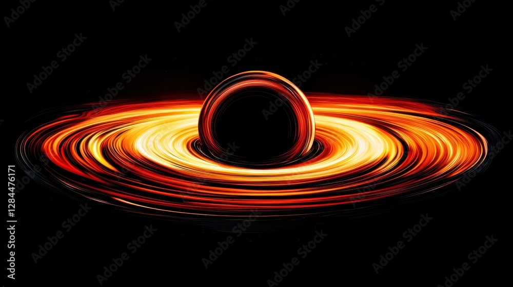 Fototapeta premium Bright, swirling light encircles a black hole in deep space, illustrating the gravitational pull and energy emitted from the accretion disk, creating a captivating cosmic display