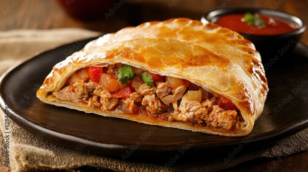 Flaky pastry is stuffed with juicy chicken and colorful vegetables, garnished with cilantro, and served alongside a bowl of salsa in a cozy, rustic setting Flaky pastry is stuffed with juicy chicken and colorful vegetables, garnished with cilantro, and served alongside a bowl of salsa in a cozy, rustic setting