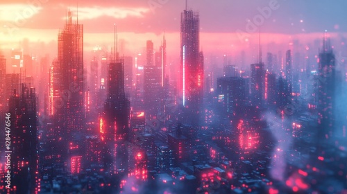 Wallpaper Mural Futuristic cityscape at sunset, vibrant neon glow, hazy atmosphere, aerial view Torontodigital.ca