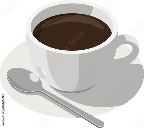 Coffee cup with spoon on saucer in minimal flat vector art