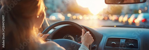 A self-assured woman focuses on the road while driving in a bustling city.