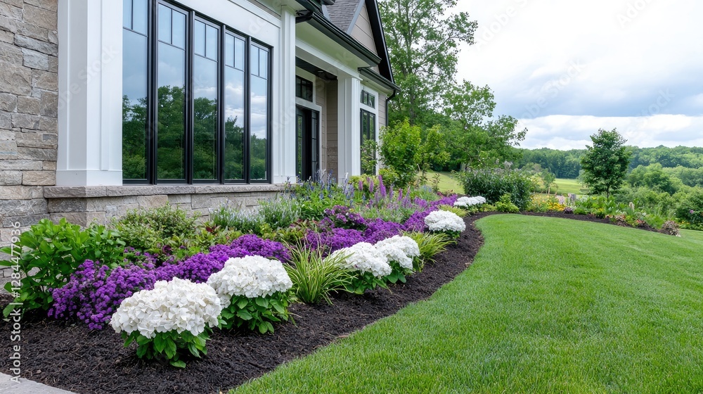 Obraz premium House exterior, landscaped garden, hillside view, summer