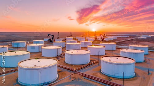 Aerial View of Oil Storage Tanks at Sunset with Pumpjacks