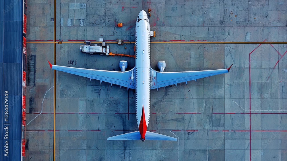 Overview of an airport scene with a focus on aircraft servicing. Overview of an airport scene with a focus on aircraft servicing.