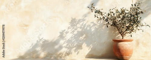 Potted olive tree shadow on sunny beige wall creates relaxing atmosphere