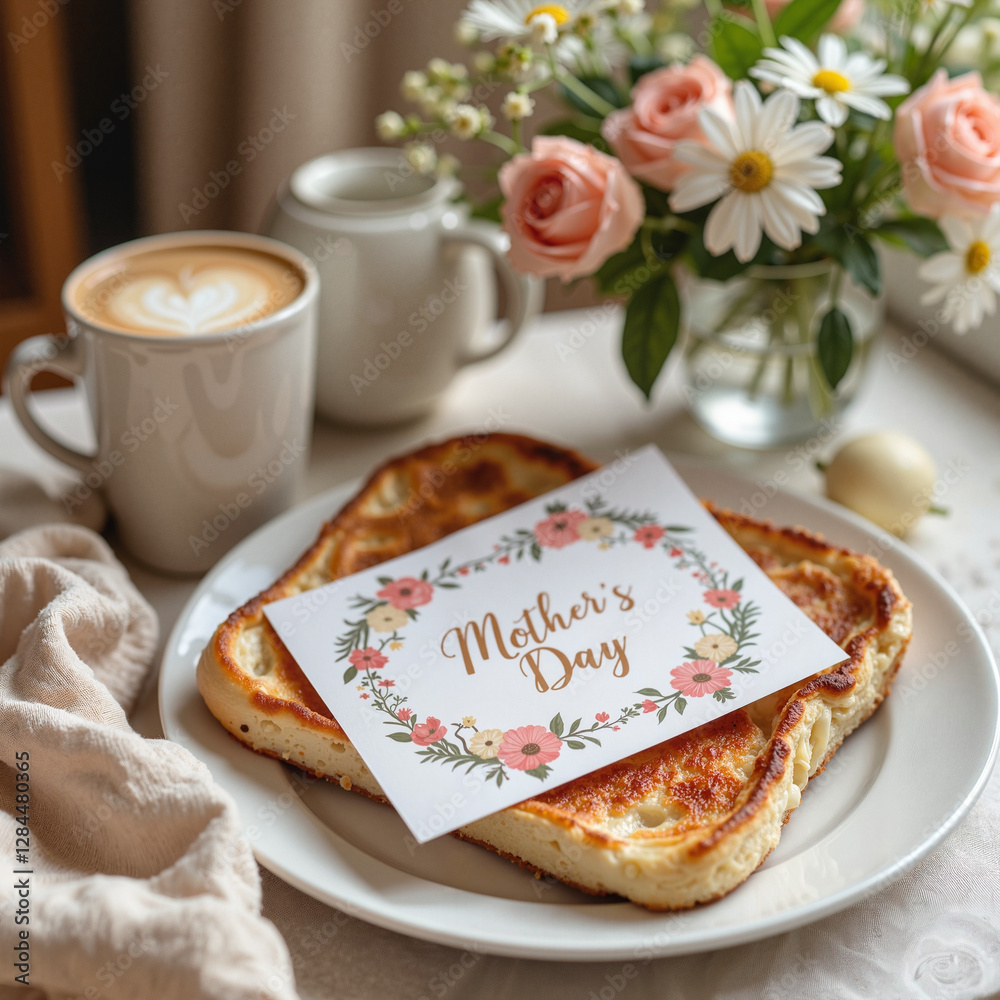 Mother's Day breakfast with toast, flowers, and a cup of coffee on a cozy table setting