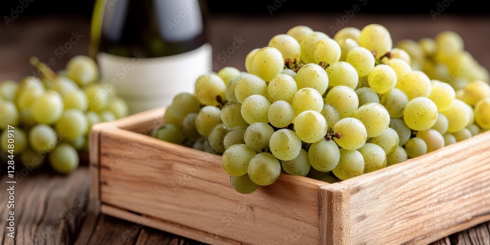 Freshly picked green grapes overflow in a wooden crate beside a wine bottle, a delightful ode to viticulture and rustic charm. Freshly picked green grapes overflow in a wooden crate beside a wine bottle, a delightful ode to viticulture and rustic charm.