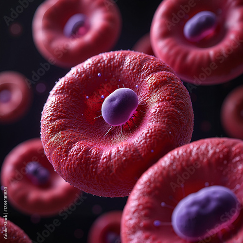 Red blood cells with purple nucleus in microscopic view