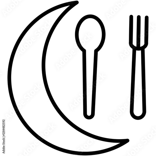 Crescent Moon With Spoon & Fork Line Icon