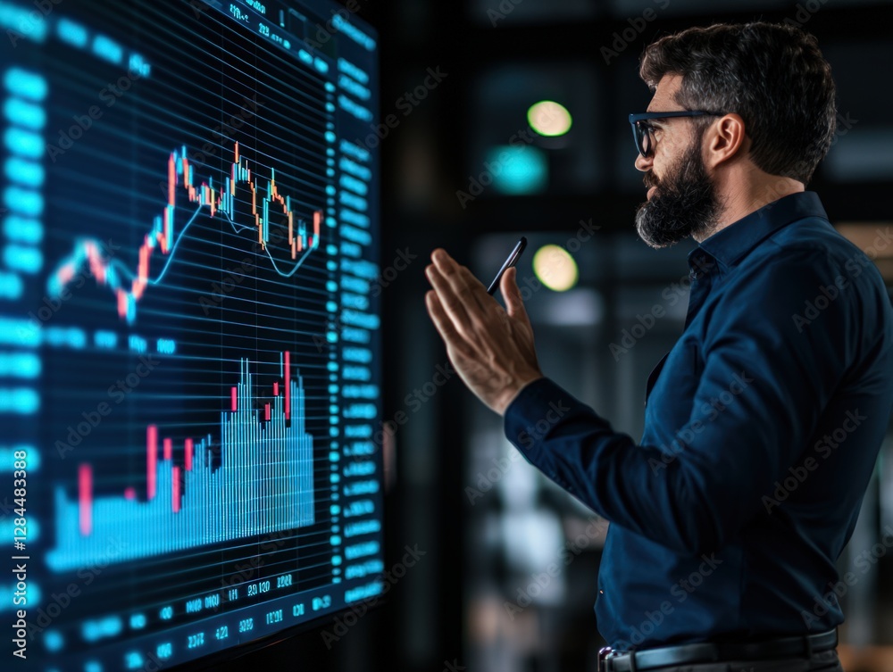 Business Professional Analyzing Financial Data on Digital Screen in Modern Office Environment Business Professional Analyzing Financial Data on Digital Screen in Modern Office Environment