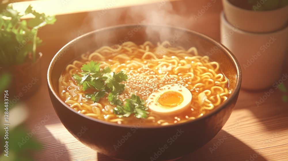 Steaming bowl of ramen with egg and cilantro in sunlit setting Steaming bowl of ramen with egg and cilantro in sunlit setting