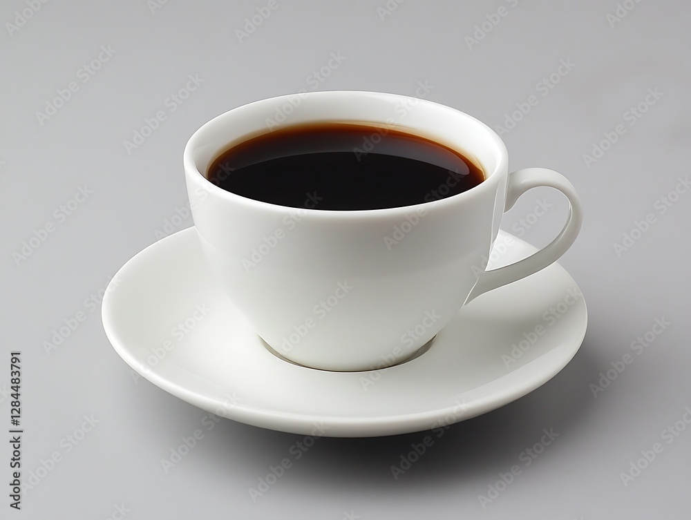 A white coffee cup of black coffee on a saucer A white coffee cup of black coffee on a saucer