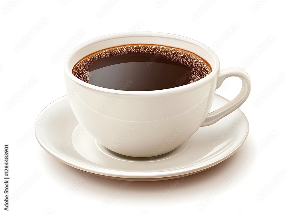 A white cup of coffee and saucer are shown in the image A white cup of coffee and saucer are shown in the image