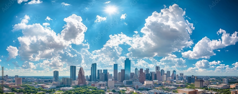 Bustling urban skyline under a bright sunny sky, with clean, white clouds contrasting against modern architecture. Bustling urban skyline under a bright sunny sky, with clean, white clouds contrasting against modern architecture.