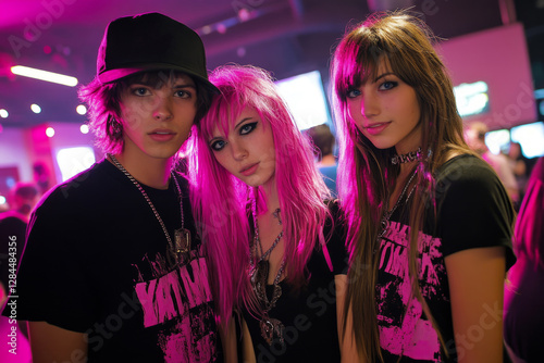 Group of emo teenagers enjoying nightlife, posing together under colorful lights