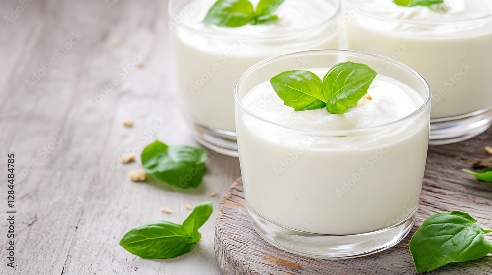 Delicious creamy yogurt dessert served in elegant glass with fresh basil leaves for a healthy treat : Generative AI Delicious creamy yogurt dessert served in elegant glass with fresh basil leaves for a healthy treat : Generative AI