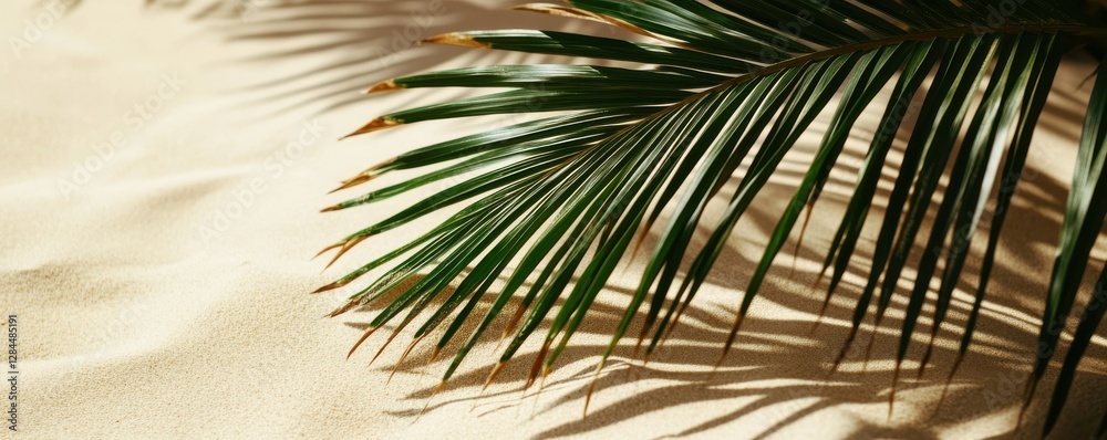 Tropical palm leaf casting shadows on sandy beach under bright sunlight Tropical palm leaf casting shadows on sandy beach under bright sunlight
