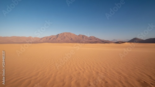 Stunning panoramic view of a vast desert landscape with mountains in the background and a clear blue sky : Generative AI