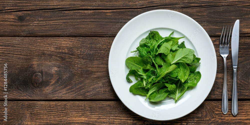A simple white plate adorned with fresh, vibrant green leaves sits on a rustic wooden table, embodying minimalism with a touch of nature. A simple white plate adorned with fresh, vibrant green leaves sits on a rustic wooden table, embodying minimalism with a touch of nature.