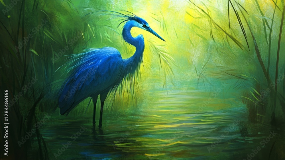Fototapeta premium Graceful sapphire hued heron amidst lush marsh, intertwined with reeds and shimmering waters