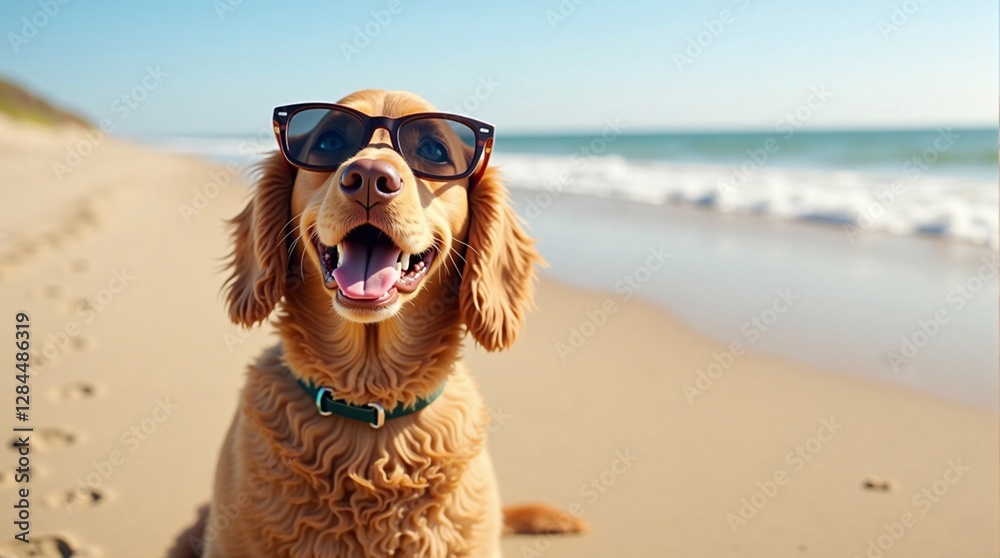 Dog in sunglasses sitting on seashore on deserted beach on clear sunny day Dog in sunglasses sitting on seashore on deserted beach on clear sunny day