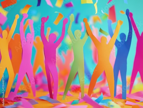 Happy people celebrating, holding hands and dancing with multicolored confetti in the background.