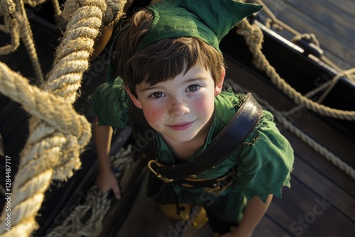 A young boy, dressed as Peter Pan, stands on a ship, adding a touch of playful fantasy to his childhood imagination.