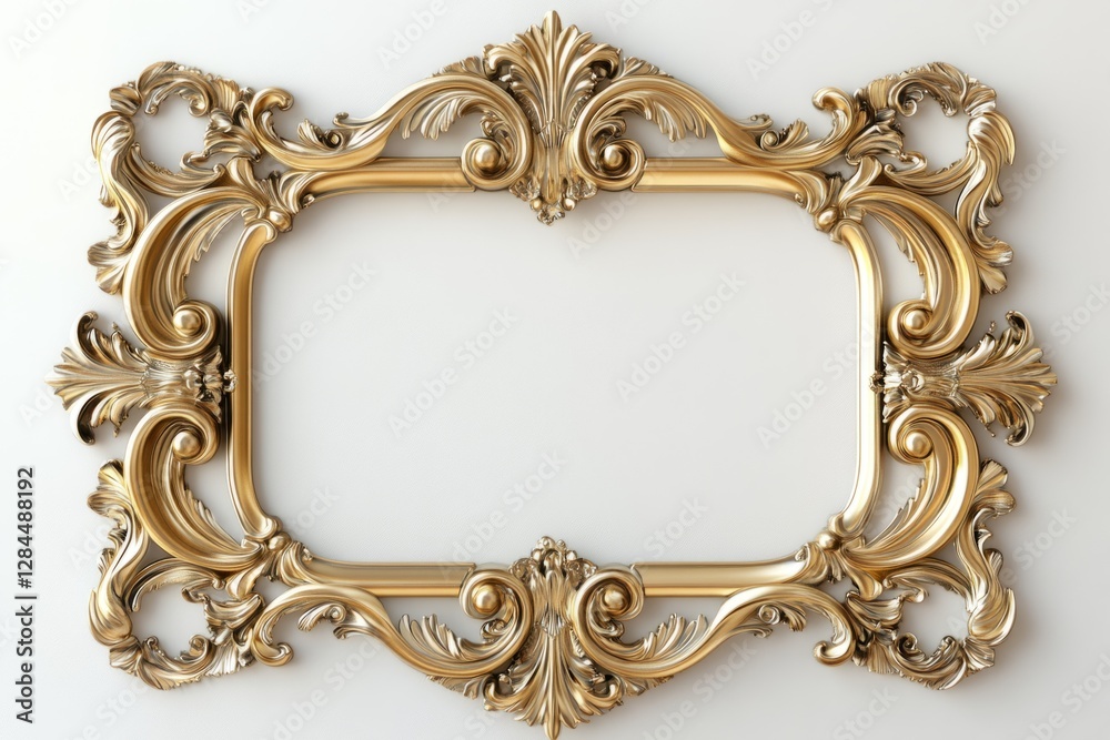 Classic golden baroque frame with ornate carvings hanging on a white wall, perfect for displaying artwork or photographs Classic golden baroque frame with ornate carvings hanging on a white wall, perfect for displaying artwork or photographs