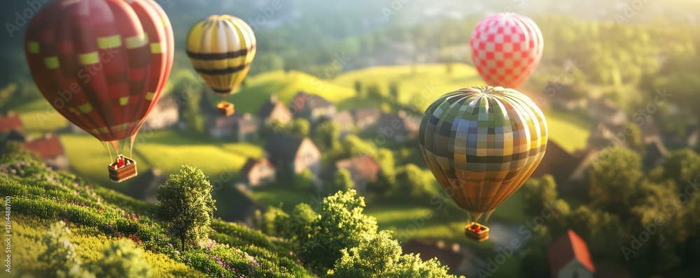 Obraz premium Colorful hot air balloons floating over scenic countryside landscape at sunrise