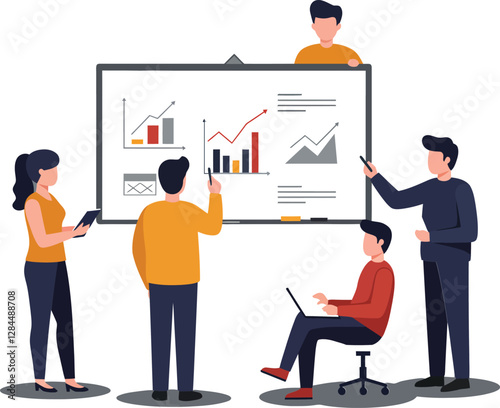 Business team presenting data analysis on a board in flat vector art