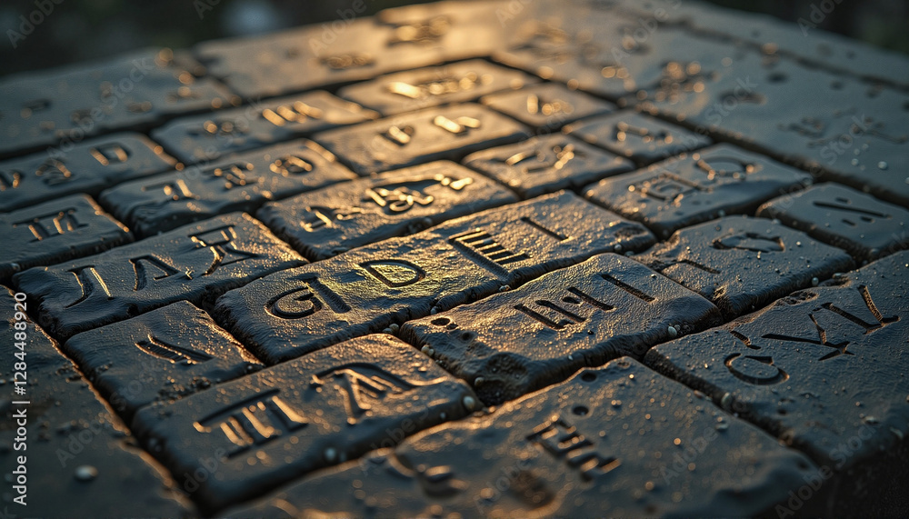 Glowing ancient runes carved into stone under moonlight, lost wisdom, esoteric Glowing ancient runes carved into stone under moonlight, lost wisdom, esoteric