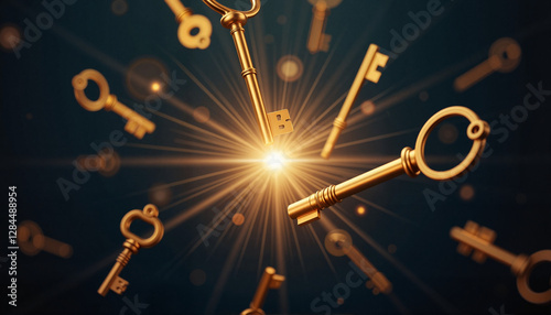 Golden keys floating in soft light, unlocking esoteric knowledge, esoteric