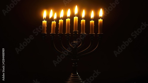 Glowing candles in a traditional Hanukkah menorah, signifying the festival of lights and the story of the oil that lasted eight days.