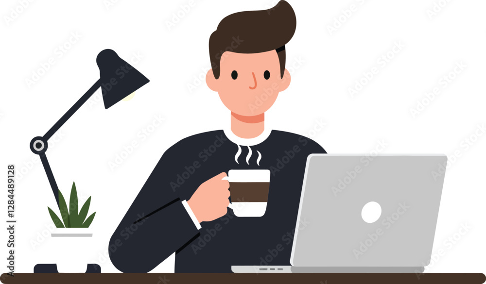 Young professional enjoying coffee while working on laptop in flat vector art Young professional enjoying coffee while working on laptop in flat vector art