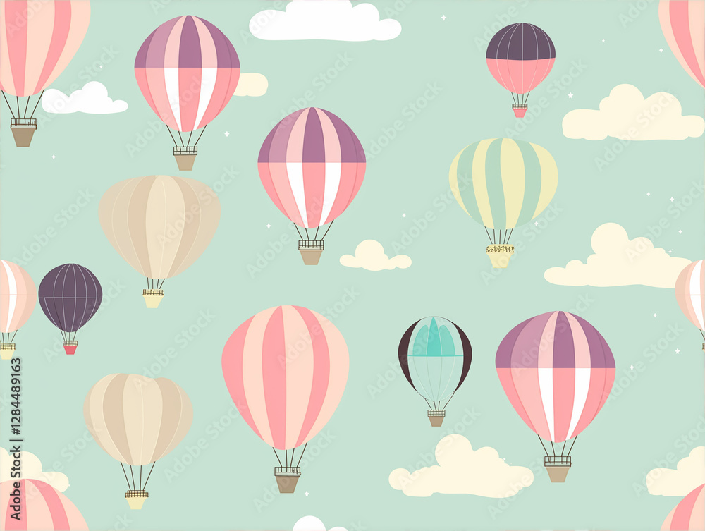 Naklejka premium Seamless pattern with hot air balloons in pastel colors