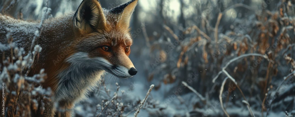 Naklejka premium Majestic red fox in snowy winter landscape with frost-covered foliage