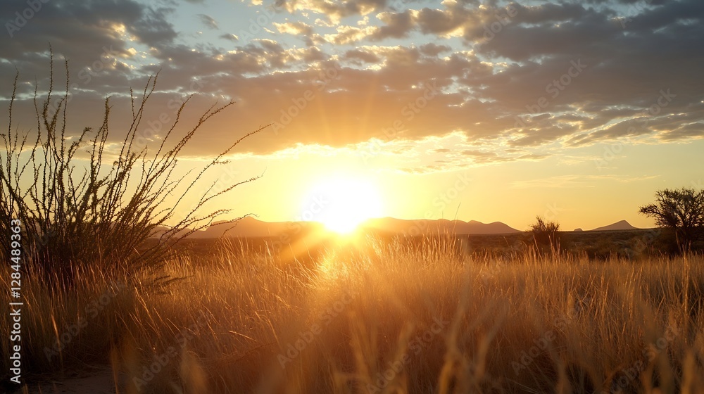 Obraz premium Breathtaking sunrise illuminating a serene landscape in the desert with golden sun rays and silhouetted plants : Generative AI