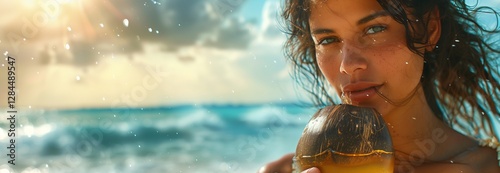 A woman enjoying a tropical drink by the beach at sunset, showcasing relaxation. photo