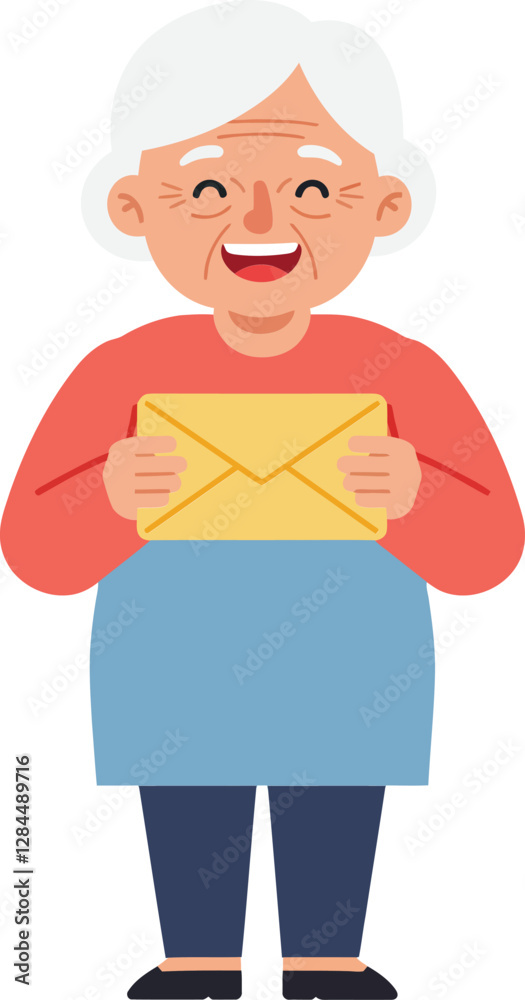Happy elderly woman holding a letter in flat vector art style Happy elderly woman holding a letter in flat vector art style