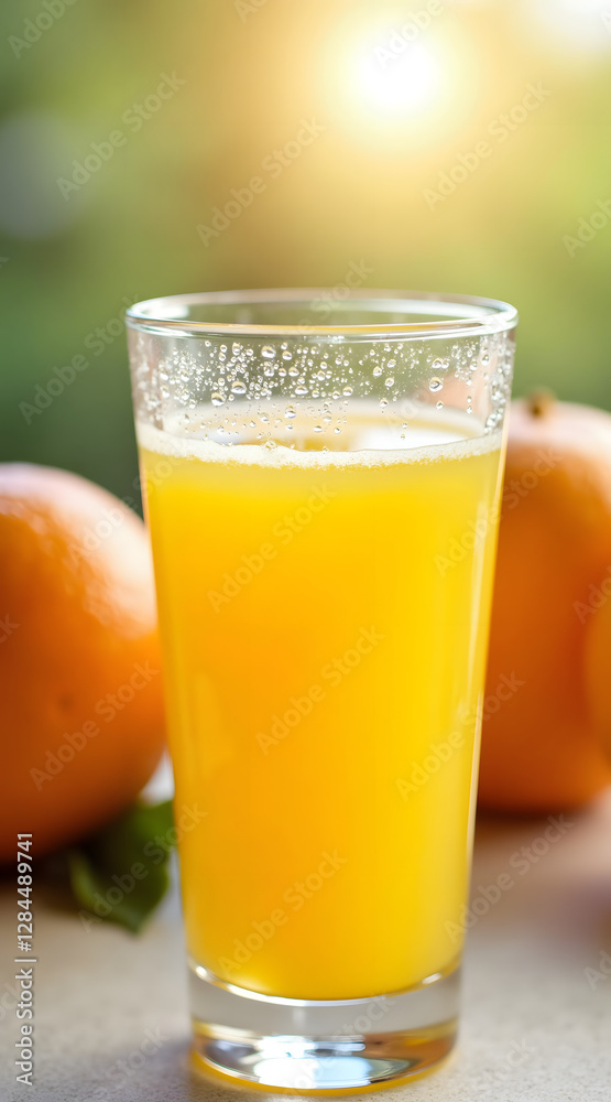 A refreshing glass of orange juice sits on a table with ripe oranges in the background, illuminated by warm sunlight, evoking a sense of vitality and freshness A refreshing glass of orange juice sits on a table with ripe oranges in the background, illuminated by warm sunlight, evoking a sense of vitality and freshness