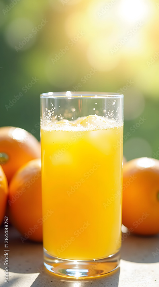 A refreshing glass of orange juice with sparkling bubbles surrounded by fresh oranges on a sunny day, bright colors create a cheerful atmosphere