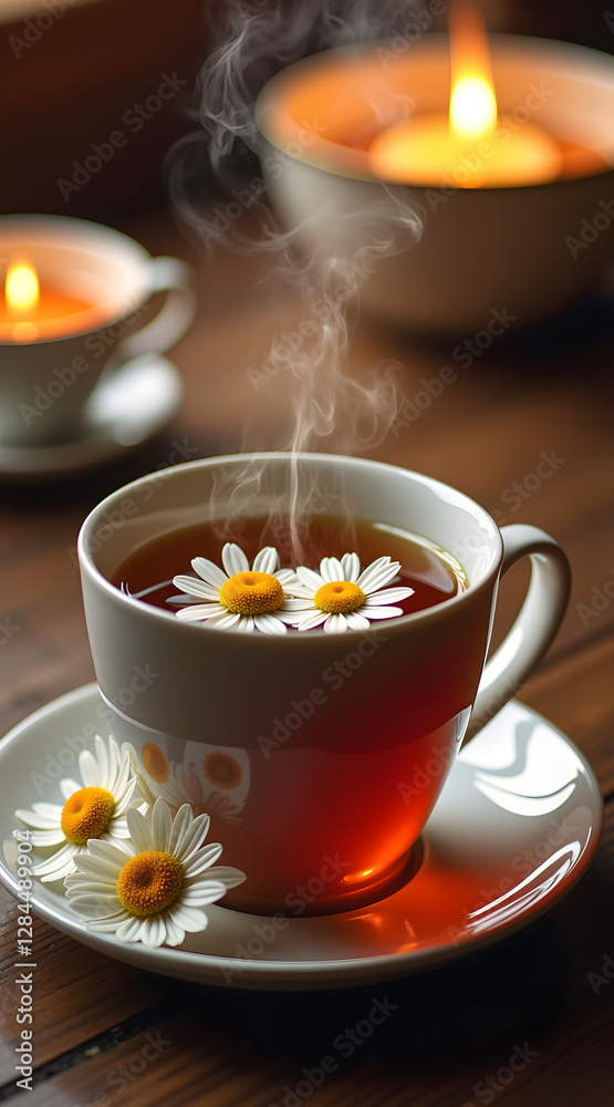 A steaming cup of herbal tea sits on a wooden table, adorned with fresh daisies and surrounded by glowing candles, creating a warm and tranquil atmosphere A steaming cup of herbal tea sits on a wooden table, adorned with fresh daisies and surrounded by glowing candles, creating a warm and tranquil atmosphere