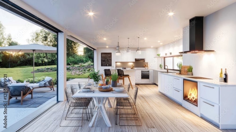Fototapeta premium Spacious open plan living area featuring a modern white kitchen.