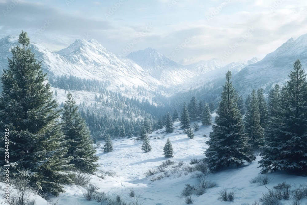 A majestic snowy mountain range with scattered evergreen trees, bathed in soft winter light. A majestic snowy mountain range with scattered evergreen trees, bathed in soft winter light.