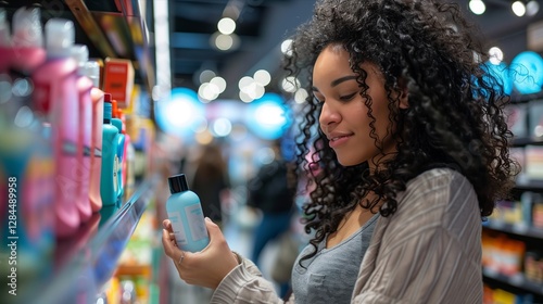 A woman examines a product while shopping in a brightly lit store aisle.