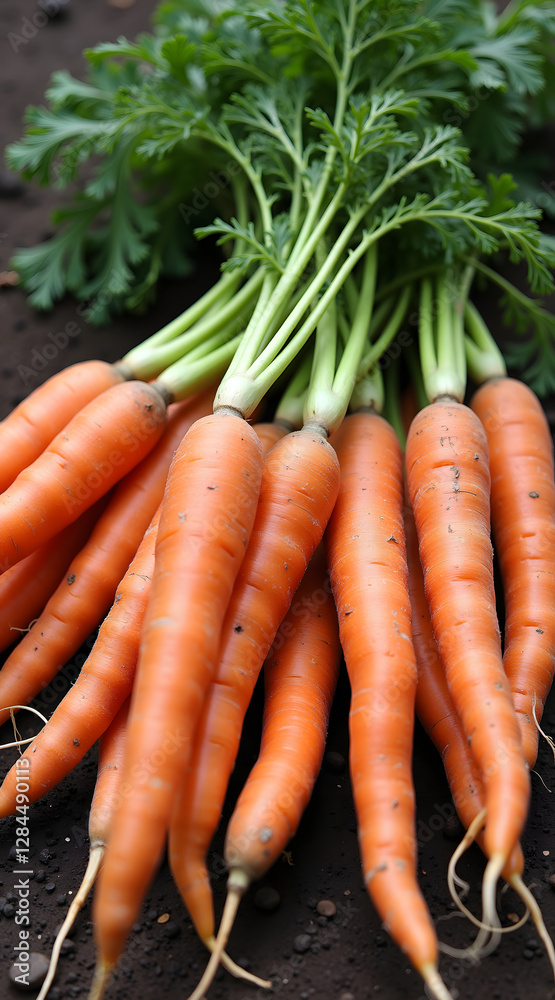 Freshly harvested orange carrots with green tops resting on dark soil, showcasing their vibrant color and natural texture, symbolizing farm-to-table freshness and health Freshly harvested orange carrots with green tops resting on dark soil, showcasing their vibrant color and natural texture, symbolizing farm-to-table freshness and health