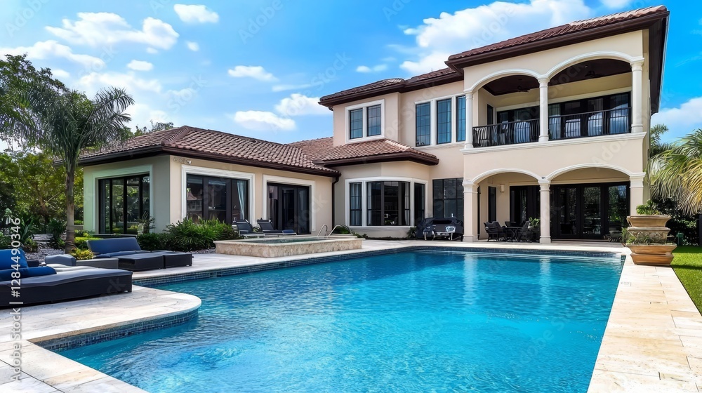 Fototapeta premium Sunny day backdrop enhances the beauty of the property.