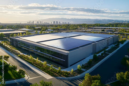 Aerial view of modern data center facility exterior, with solar panels on the roof and green space around it. The building is large in size, featuring sleek grey metal cladding and glass windows